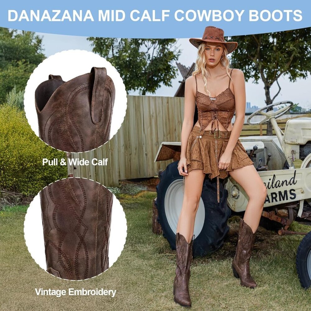 Women Brown Wide Calf Rhinestones Pointed Toe Chunky Heel Embroidered Boots - Picture 3 of 8